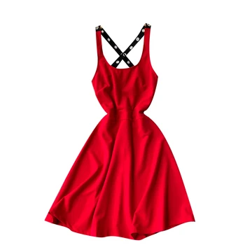 2021 m. Vasarą Naujų Seksualių Vestidos Moterų V-kaklo Kryžiaus Apynasrio Juosmens Juosmens, Plonas Suspender Sijonas Raudonas Dirželis Mini Suknelė C559