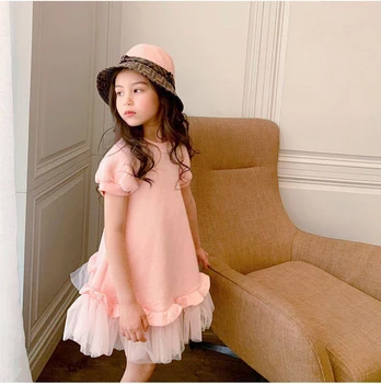 2021 Naujų Pavasario ir Vasaros Vaikų Pink Casual Sijonas Mados Suknelė Mergaitėms Ju Siūlų trumparankoviai Princesė Dress vaikams