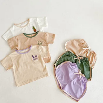7214 Newbron Drabužių Nustatyti Spalvų Kontrastas Siuvinėti marškinėliai + Šortai Baby Girl Dviejų dalių Kostiumą Berniukams Drabužių Rinkinys
