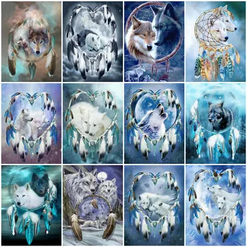HUACAN Diamond Tapybos Gyvūnų Vilkas Kryželiu Diamond Siuvinėjimo Dreamcatcher Mozaikos Amatų Rankų darbo Dovana