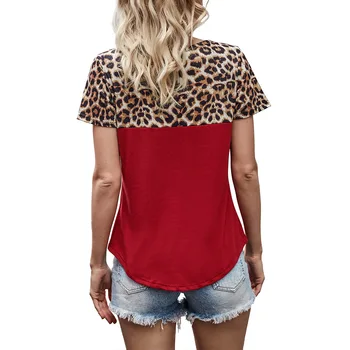 Leopard Marškinėliai Moterims Vasaros Atsitiktinis Palaidų T-Shirt Leopardas Spausdinti Susiuvimo Trumpomis Rankovėmis V-Kaklo, Mygtuką Viršūnes Tee Ponios Megztinis Viršų