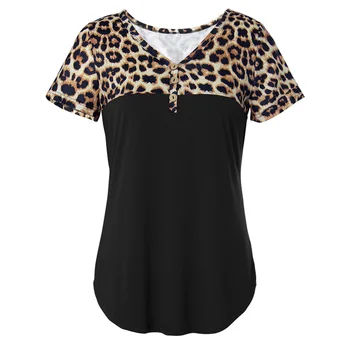 Leopard Marškinėliai Moterims Vasaros Atsitiktinis Palaidų T-Shirt Leopardas Spausdinti Susiuvimo Trumpomis Rankovėmis V-Kaklo, Mygtuką Viršūnes Tee Ponios Megztinis Viršų