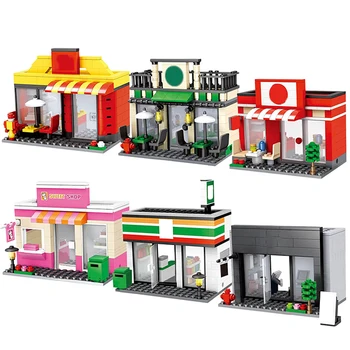 Mini gatvės plytų Parduotuvės, dickensas ville parduotuvė Miniatiūrų Kūrimo Bloką kelių Kavinė kampo 3D Modelį tiendas žaislas Miesto gatvės