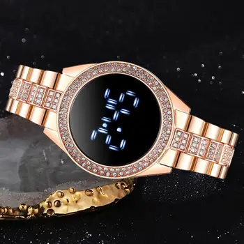 Prabangus LED Moterų Laikrodžiai Deimantų Apyrankė Nerūdijančio Plieno, Grandinės Žiūrėti Moterims Rose Gold Suknelė Atsitiktinis Kvarco Žiūrėti Reloj Mujer