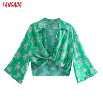 Tangada Moterų Retro Žalia Spausdinti Šifono Marškinėliai Lankas Pasėlių Palaidinė ilgomis Rankovėmis Chic Moterų Viršūnių 5Z156
