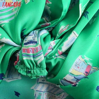Tangada Moterų Retro Žalia Spausdinti Šifono Marškinėliai Lankas Pasėlių Palaidinė ilgomis Rankovėmis Chic Moterų Viršūnių 5Z156