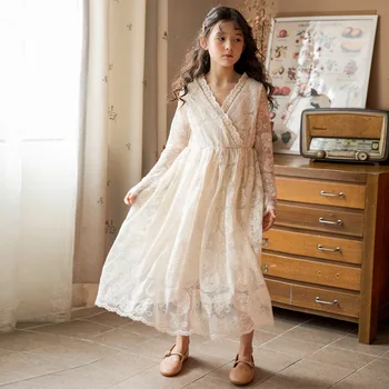 V-kaklo Šalis Ilgai Nėrinių Suknelės Vaikams Mergina 6 8 10 12 13 14 metų korėjos stiliaus Princesė Suknelė