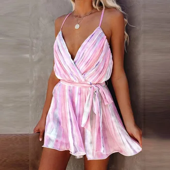 Vasarą Moterys Seksualus V-Kaklo Diržas Paplūdimio Suknelės Atsitiktinis Backless Nėriniai-Up Šifono Suknelė 2021 Elegantiškas Ponios Juostele Klostuotas Mini Suknelė