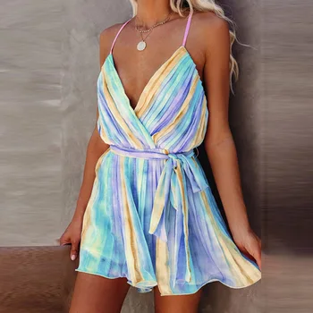 Vasarą Moterys Seksualus V-Kaklo Diržas Paplūdimio Suknelės Atsitiktinis Backless Nėriniai-Up Šifono Suknelė 2021 Elegantiškas Ponios Juostele Klostuotas Mini Suknelė